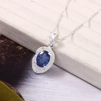 Naturale Ceylon Zaffiro Blu Ovale 925 Argento Fine Ciondolo Anniversario Regalo - Immagine 1 di 4