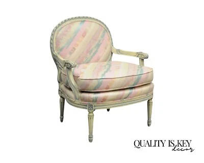 Vtg French Louis XVI Style Pink Blue Carved Bergere Boudoir Lounge Arm Chair - Image 1 of 4