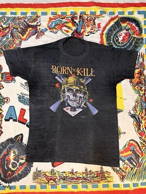 复古 80 年代 3D 徽章 Born to kill 骷髅枪 哈雷摩托车手 T 恤 大号  — 第 1/4 张图片