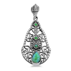 ANTIQUE STYLE 925 STERLING SILVER LAB-CREATED GREEN FIRE OPAL PENDANT       243X - Picture 1 of 2