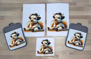 5 Piece Set - 2 Towels and 2 Pot Holder - 1 Wash Cloth Highland Cow DZ001-GY5pc - Picture 1 of 1