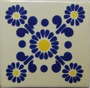Mexican Tile Talavera Tiles High-Quality Hand Painted Blue Flowers Tile T-28 - Picture 1 of 2