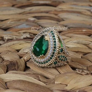  Turkish Handmade Jewelry 925 Sterling Silver Zircon Green Lady Ring All Size - Picture 1 of 3