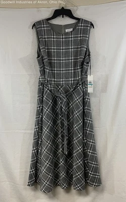 NWT Calvin Klein Gray Plaid Tie Waist Sleeveless Sheath Dress Women's Size 16 - Image 1 of 4
