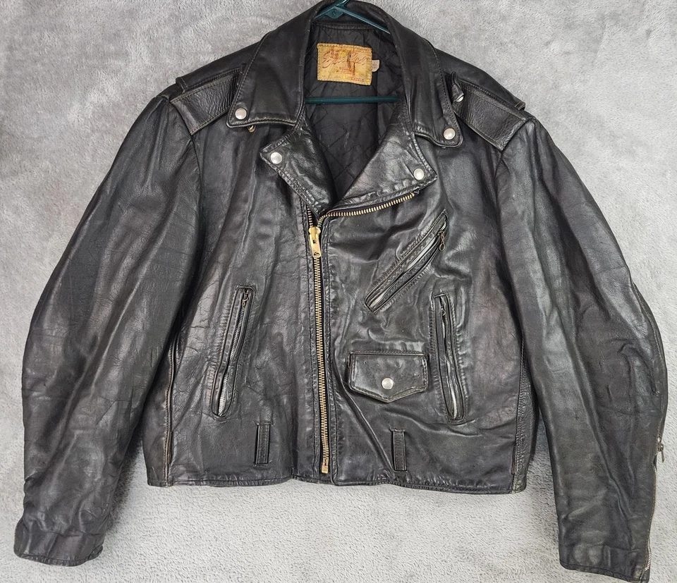 Chaqueta de cuero vintage excelente para hombre 40 negra motocicleta motociclista acolchada años 60 Foto 1 de 4