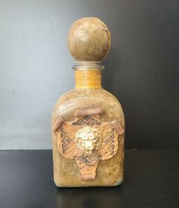 Vintage Italian Leather Wrapped Glass Decanter Bottle Lion Knocker Home Ornament