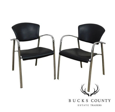 Brayton International Collection Steelcase Pair Chrome & Black Leather Armchairs Cover