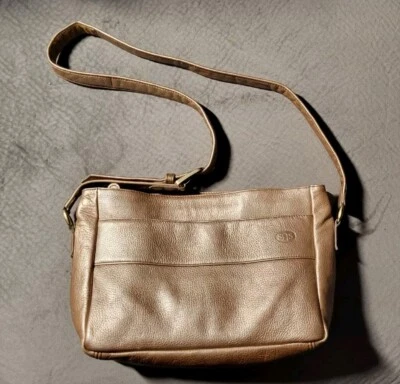 SAS Goldtone Pebbled Leather 2-section Front Pocket Adjustable Strap Purse, EUC - Image 1 of 4