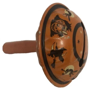 Vintage US metallo latta litografia Halloween rumoroso strega zucca gufo pipistrello luna legno - Foto 1 di 18