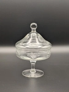 "Barattolo farmacista con piedi in vetro vintage inciso piedistallo tenda circo coperchio trasparente 7" - Foto 1 di 6