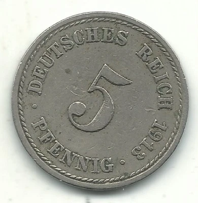HIGH GRADE 1913 A GERMANY 5 PFENNIG COIN-MAY524 - Image 1 of 2