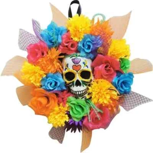 Dia De Muertos Floral Calavera Wreath Day of the Dead Halloween Decoration 17" - Picture 1 of 2
