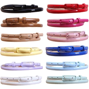 Women Lady Solid Candy Color Slim Skinny Long Buckle Faux Leather Waist Belt - Picture 1 of 10
