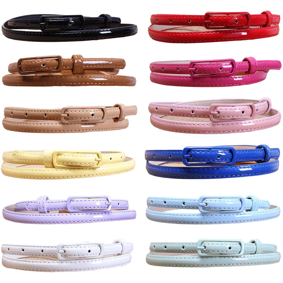 Women Lady Solid Candy Color Slim Skinny Long Buckle Faux Leather Waist Belt - Image 1 of 3