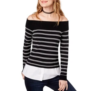 INC NEW Women's Black Striped Off-the-shoulder Layered Look Sweater Top TEDO - Picture 1 of 2