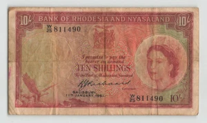 RHODESIA & NYASALAND 10 Shillings 1961, P-20b Sign: Richards, W/25, QEII. Y3 - Picture 1 of 2