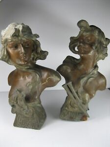 PAIR ART NOUVEAU BUSTS BRONZED SPELTER IFFLAND GERMANY SIGNED c1910 11 1/2" TALL