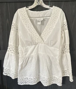 Victor Costa Damen Gr. XL Weiß Langarm V-Ausschnitt Oberteil Boho - Bild 1 von 4