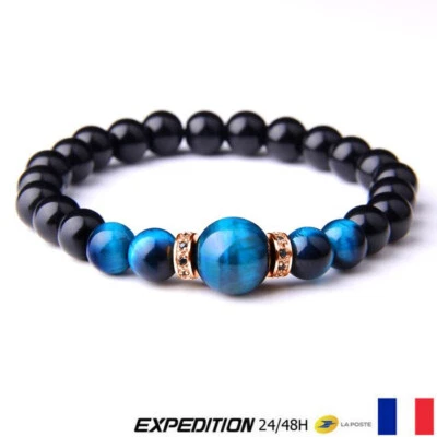Bracelet perle oeil de tigre bleu Johnny Hallyday "Rester Vivant" Rose Gold - Photo 1/2