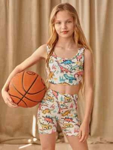 Shein girls 10yrs or 11-12yrs dinosaur print crop tank & bike shorts white nip - Picture 1 of 3