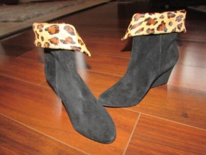 KATE SPADE ~ Women's 5 ~ Black Suede Leather Fold-Over Pony Boots w/ Wedge Heels - Picture 1 of 3