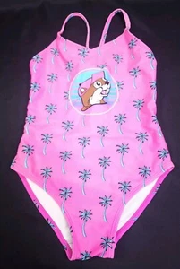 Bucees Youth Kids Size Xtra-Small Pink Bathing Suit Bucees Beaver and Palm Trees - Picture 1 of 11