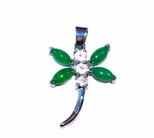Green Jade Pendant in Dragonfly Design with Rhodium Plated Bail Silver Tone - Picture 1 of 7