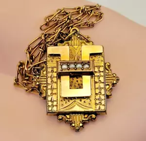 Reloj Victoriano YGF Oro Colgante Collar Reloj Llavero Perseguido con Perlas Semillas - Imagen 1 de 9