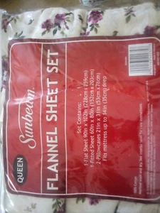 Sunbeam Queen Size Flannel Sheet Set Cream Color With Red Flowers - Picture 1 of 11