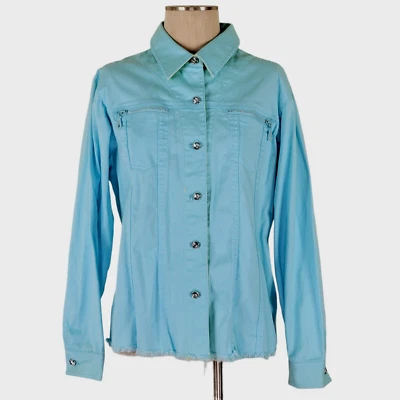 Quacker Factory Jacket Size L Rhinestone Zippers Fringe Hem Jewel Buttons Denim - Image 1 of 4