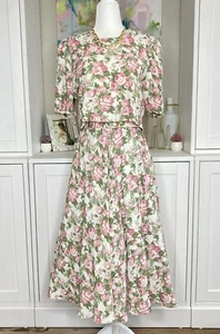 1980s ED Michaels Belted Illusion Dress Florals Rayon Modest Size 9/10 Petite - Picture 1 of 15