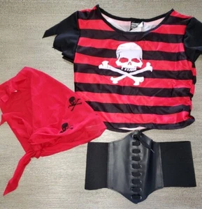 PIRATE HALLOWEEN BOYS TOP LARGE red black SKULL BONES HEAD SCARF WAIST BELT LOT - Picture 1 of 1