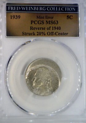1939 ERROR PCGS MS63 20% OFF CENTER Jefferson Nickel BU Coin FRED WEINBERG Ped. - Image 1 of 2