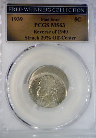1939 ERROR PCGS MS63 20% OFF CENTER Jefferson Nickel BU Coin FRED WEINBERG Ped Cover