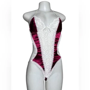 VTG Frederick’s of Hollywood Burgundy Satin Lace Teddy Bodysuit Size Small - Picture 1 of 10