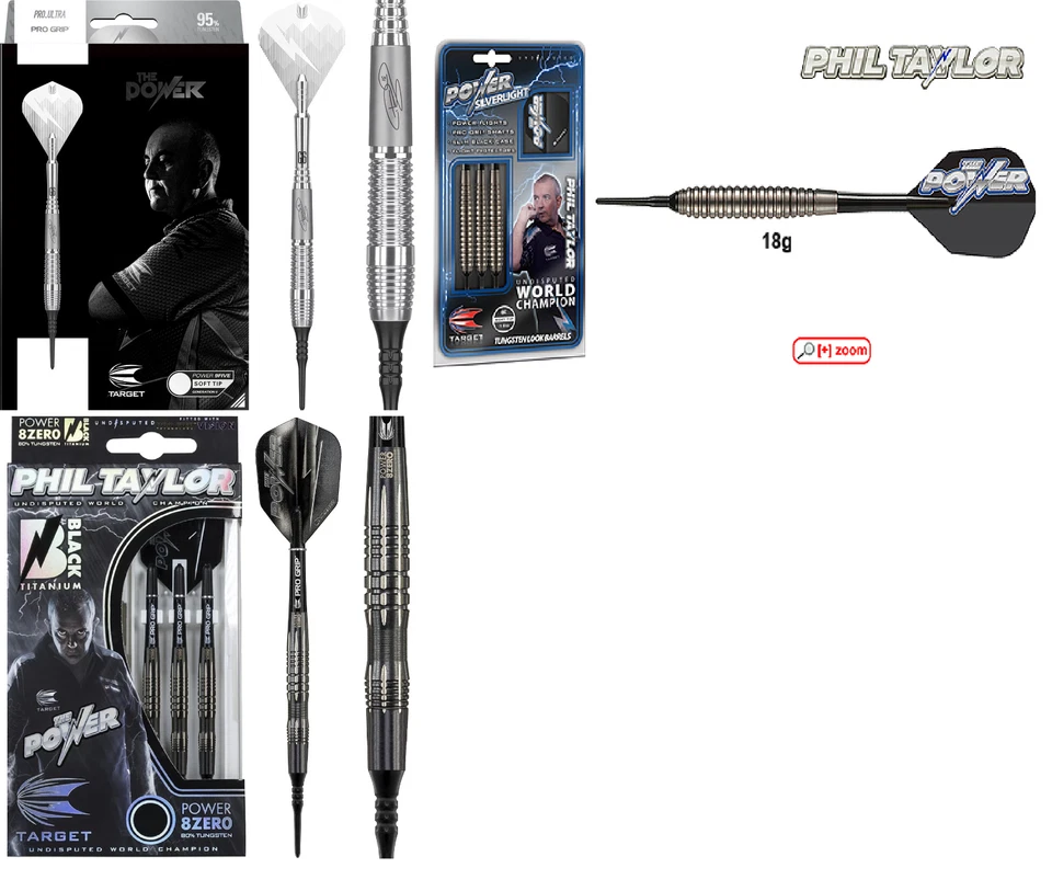Phil Taylor Target Softdart, Gen 6 , Power 8 Zero Black 18g ,20g Silverlight 18g