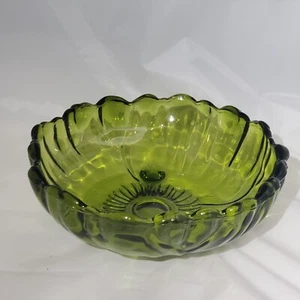 VINTAGE GREEN GLASS SERVING BOWL SUNFLOWER 3 FOOTED MID CENTURY MODERN  - Picture 1 of 12