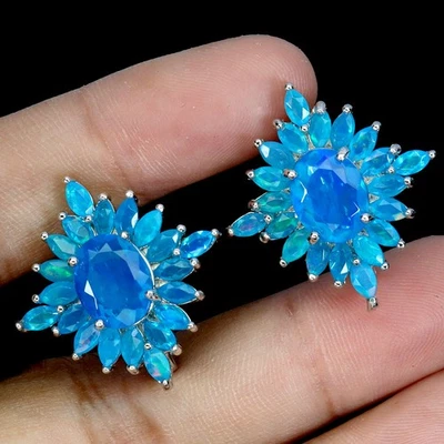 Pendientes de plata de ley 925 ovalados ópalo azul 9x7 mm joyas de piedras preciosas naturales Foto 1 de 4