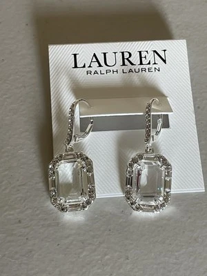 PENDIENTES COLGANTES LAUREN RALPH LAUREN TONO PLATA CRISTAL PIEDRA EN CRISTAL BLANCO 1.5 Foto 1 de 4