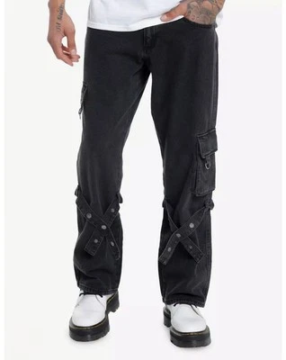 Pantalones de mezclilla negros Hot Topic cargo de pierna recta con botones a presión 28 (28x30) usados en excelente estado  Foto 1 de 4