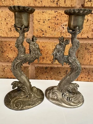 PAR DE CANDELABROS CHINOS ORIENTALES DRAGÓN TONO PLATA ORNAMENTADOS ANTIGUOS VINTAGE Foto 1 de 4