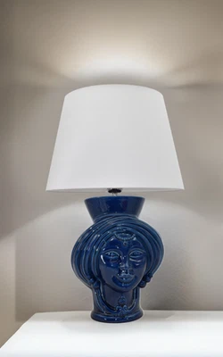 Table Lamp Living Room Abat Jour Ceramic Caltagirone Light Moor's Head Blue - Image 1 of 4