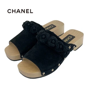CHANEL Sandals Shoes Suede Wood Black Mules Camellia Coco Mark - Picture 1 of 10