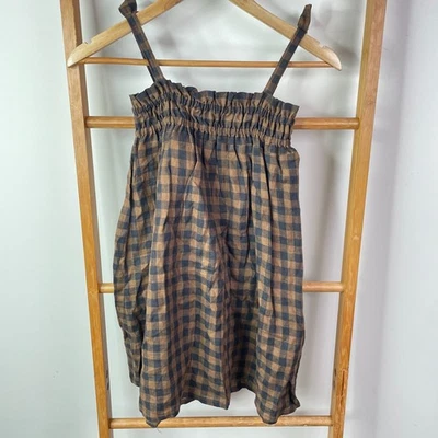 Aere Mini Dress Girls 6 Brown Black Checkered Linen Babydoll Sleeveless Smocked - Imagem 1 de 4