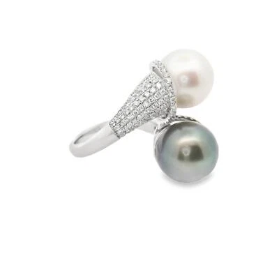 White & Tahitian Cultured Pearl Diamond 18k White Gold Bypass Ring - Image 1 of 4