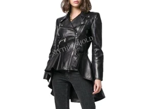 Women's Genuine Lambskin Peplum Waist Designer Biker Leather Jacket - Bild 1 von 5