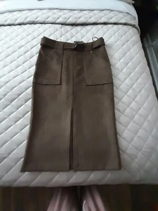 Faux Suede Khaki Pencil Skirt Belted, Front Split And Pockets Size 12 NWOT F&F - Picture 1 of 5