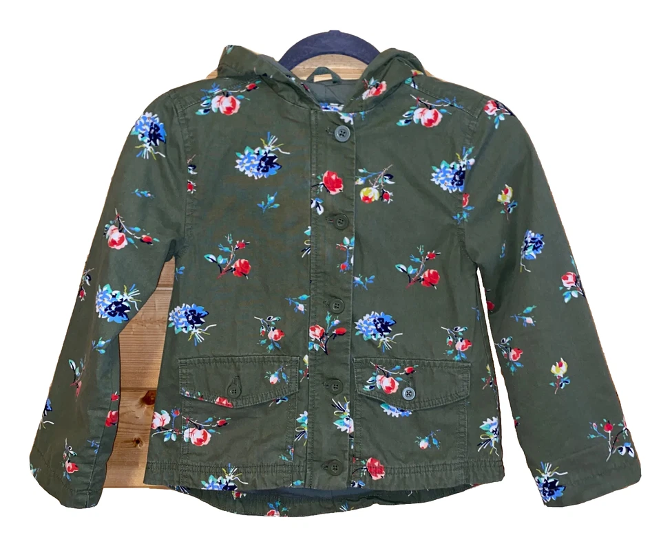 Jaqueta floral verde oliva marca infantil tamanho M GAP feminina com capuz zíper frontal - Imagem 1 de 4