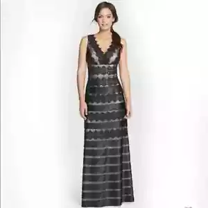 JS COLLECTIONS Black Beige Satin Overlay Mesh Lace Stripe Gown Maxi Dress 14W 1X - Picture 1 of 6