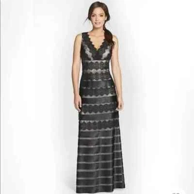JS COLLECTIONS Black Beige Satin Overlay Mesh Lace Stripe Gown Maxi Dress 14W 1X - Image 1 of 4